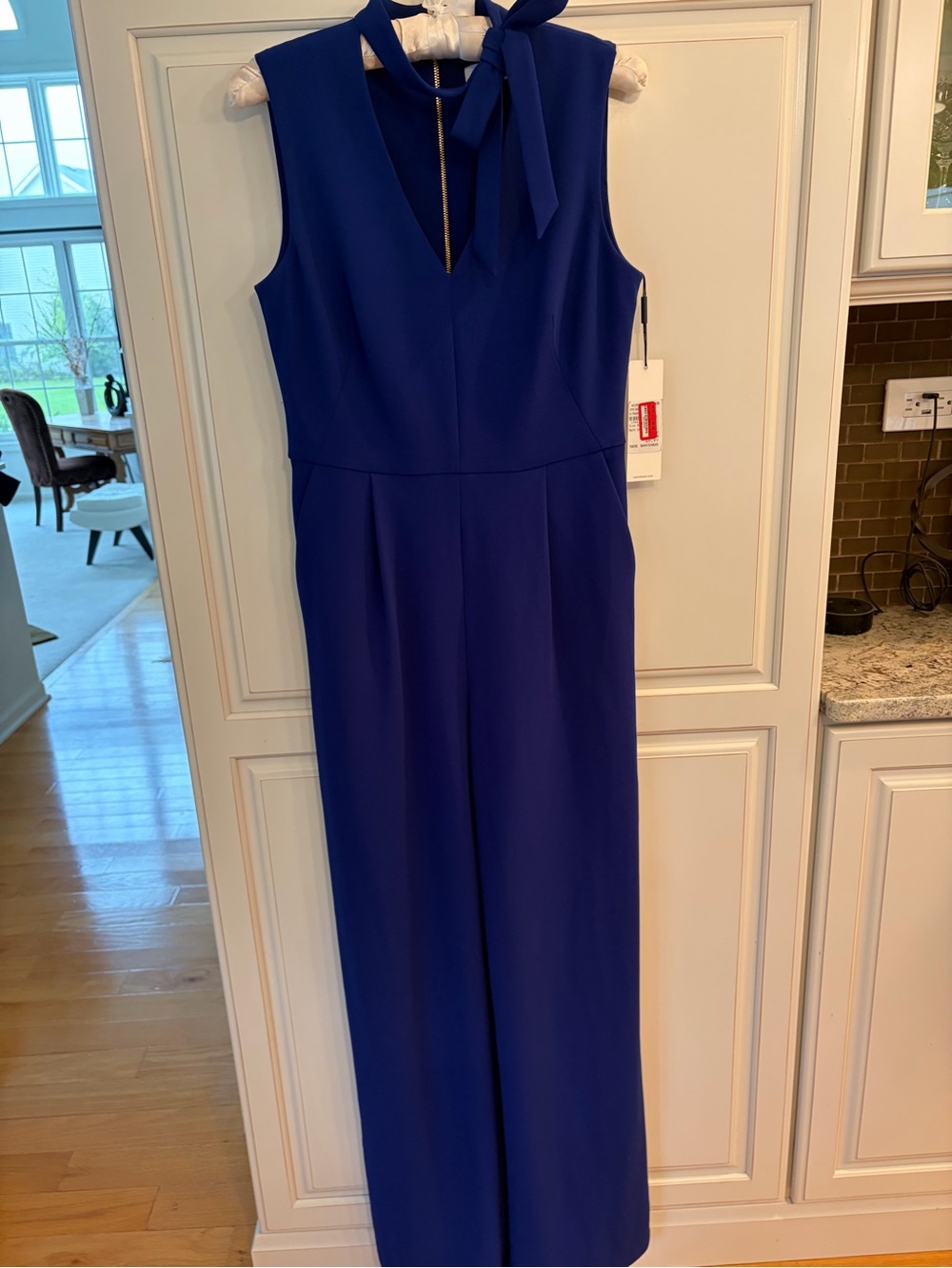 Calvin Klein Royal Blue Sleeveless Tie-Neck Wide-Leg Jumpsuit